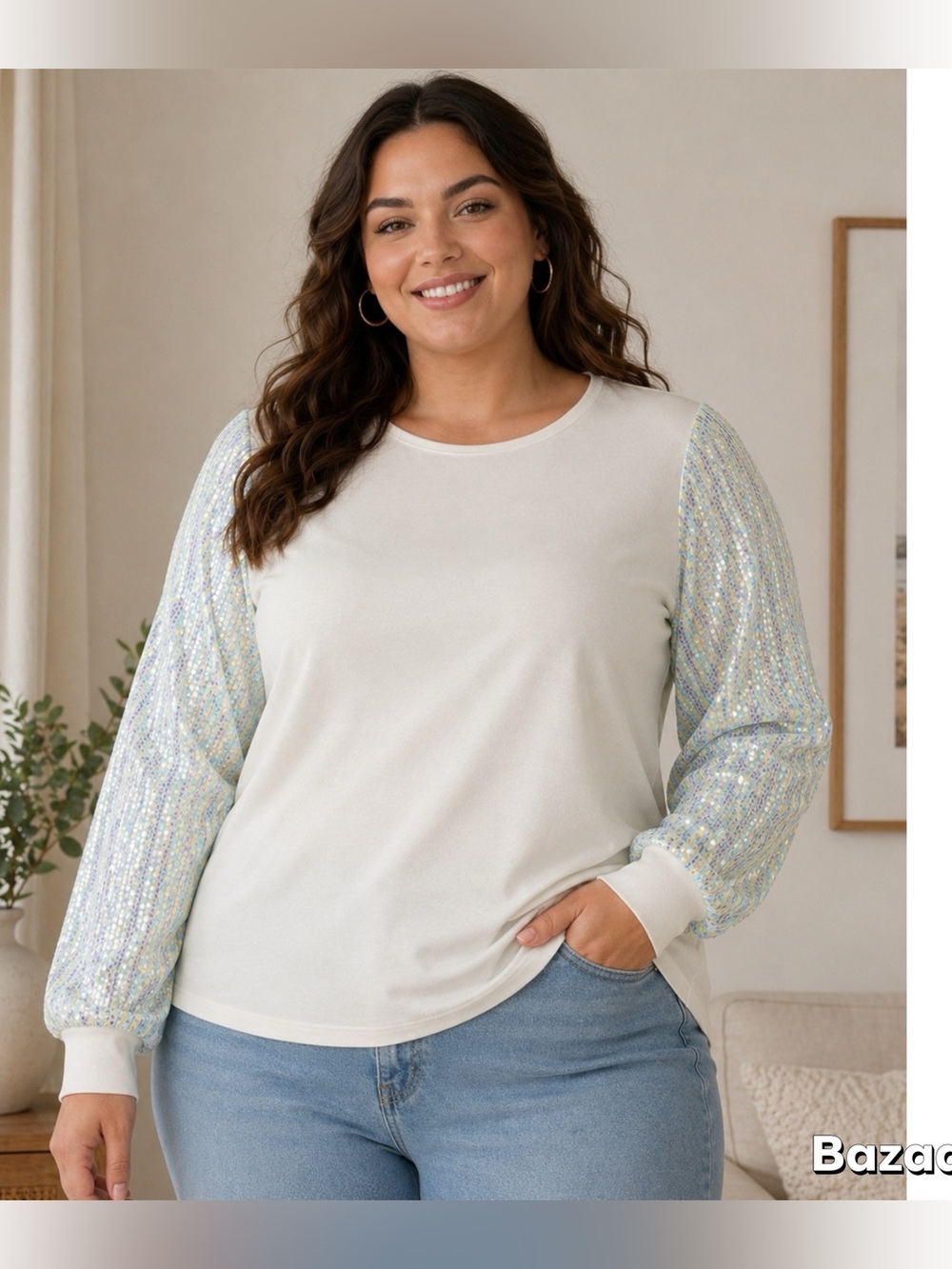 Sz XL Luxe Sequin Sleeve Top – Soft Ivory Studio 1886